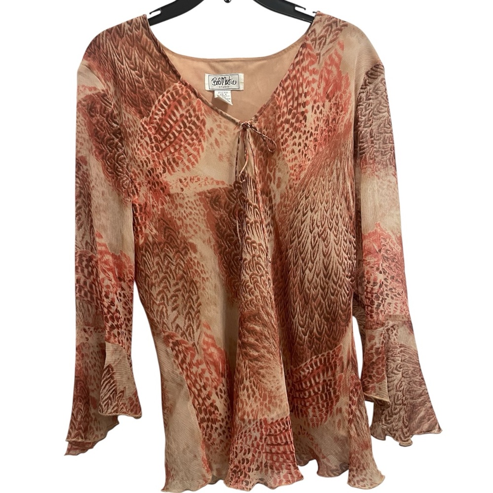 Vintage Silk Bob Mackie Sheer Blouse Bell Sleeve Fairycore Ruffle Hem Women's L